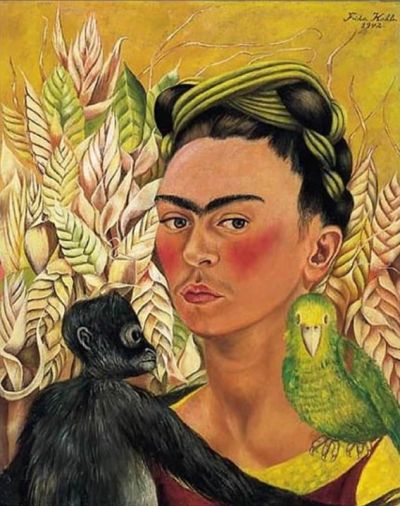 art oil painting reproduction of  Frida Kahlo Self-portrait With Monkey And Parrot museum quality handmade