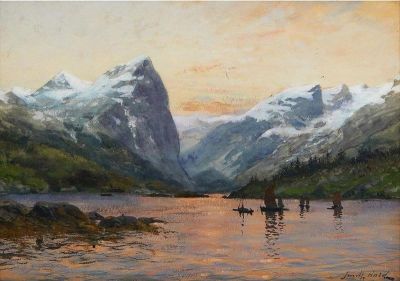 art oil painting reproduction of  Frithjof Smith-hald Landscape With Mountains And Boats museum quality handmade