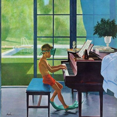 art oil painting reproduction of  George Hughes Poolside Piano Practice 1960 museum quality handmade