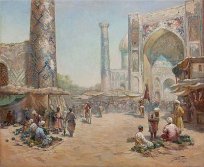art oil painting reproduction of  Gigo Gabashvili Bazaar In Samarkand - 1890s museum quality handmade