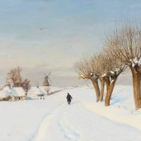 Hans Andersen Brendekilde A Snowcovered Landscape With A Man Walking Along A Country Road Edged