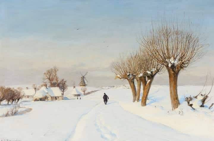 Hans Andersen Brendekilde A Snowcovered Landscape With A Man Walking Along A Country Road Edged museum quality