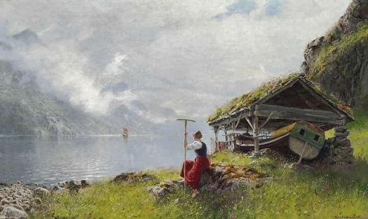 Hans Dahl Norwegian Landscape With A Young Woman Overlooking The Fjord museum quality