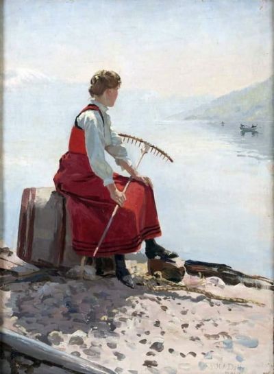 art oil painting reproduction of  Hans Dahl Woman With Rake 1911 museum quality handmade