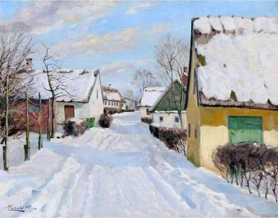 art oil painting reproduction of  Harald Pryn Winter Day In A Village museum quality handmade