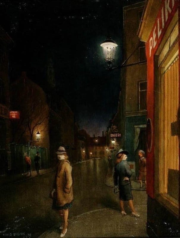 Harald Rudyard Engman Girls At Cafe Pelican On The Corner Of St Peter Strait At Night 1939 museum quality