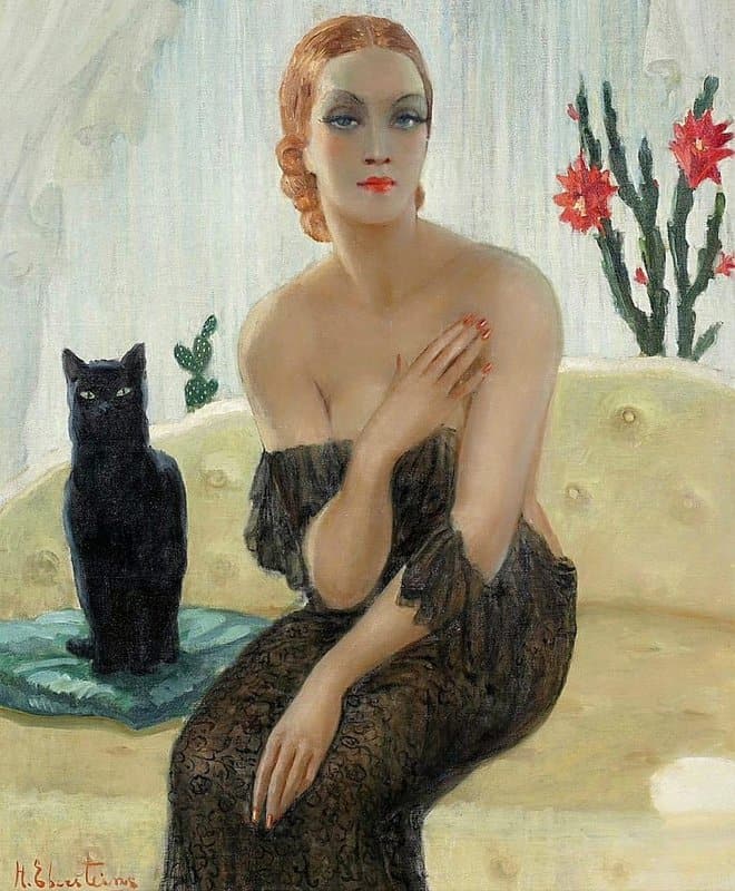 Harry Eberstein Portrait Of An Elegant Lady With Black Cat. museum quality