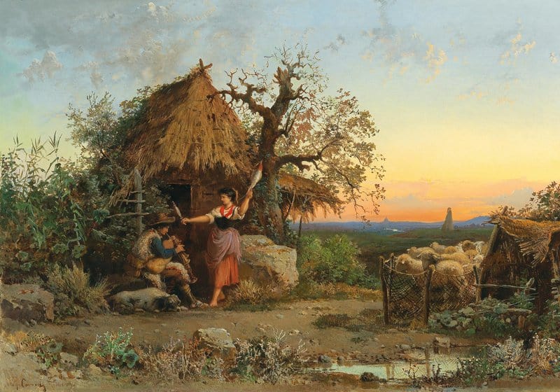 Hermann David Salomon Corrodi A Bagpipe Playing Shepherd In The Background Rome museum quality