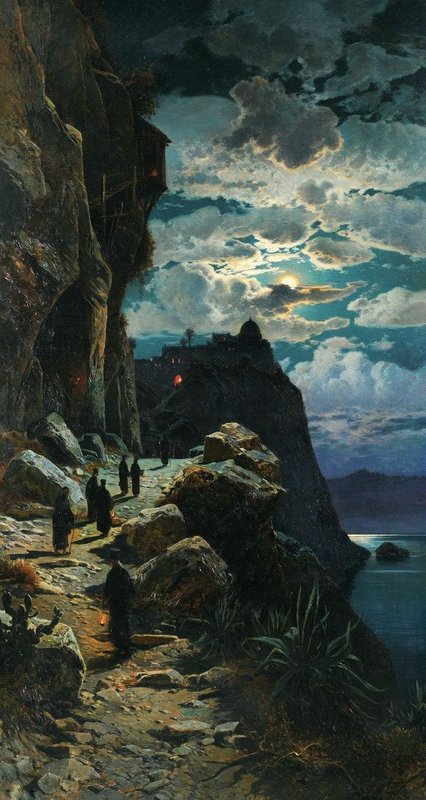 Hermann David Salomon Corrodi Nocturnal Ascent On Mount Athos 1905 museum quality