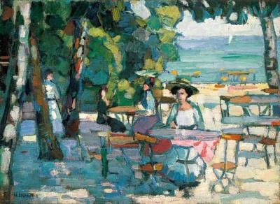 art oil painting reproduction of  Hermann Stenner Cafe Garden Lake Ammer 1911 museum quality handmade