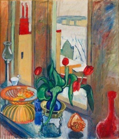 art oil painting reproduction of  Hilding Linnqvist Tulpaner I Blas Vas 1940s museum quality handmade
