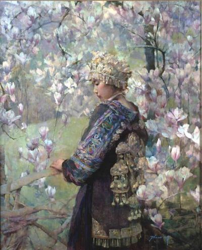 art oil painting reproduction of  Hong Nian Zhang Magnolias Himalayan Girl In Traditional Dress - 1988 museum quality handmade