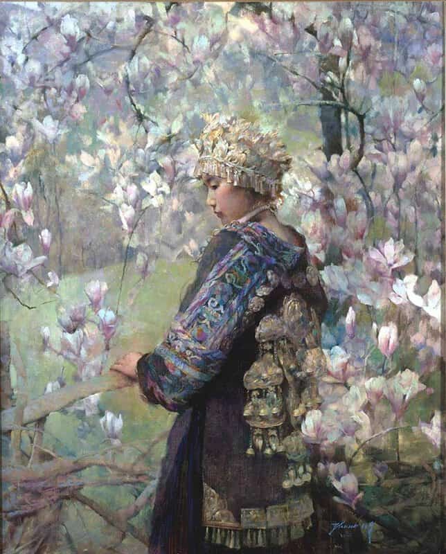 Hong Nian Zhang Magnolias Himalayan Girl In Traditional Dress - 1988 museum quality