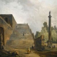 Hubert Robert Figures Walking Up A Monumental Staircase