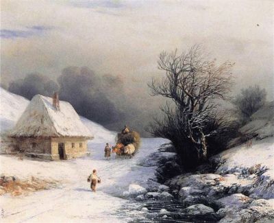 art oil painting reproduction of  Ivan Aivazovsky Little Russian Ox Cart In Winter 1866 museum quality handmade