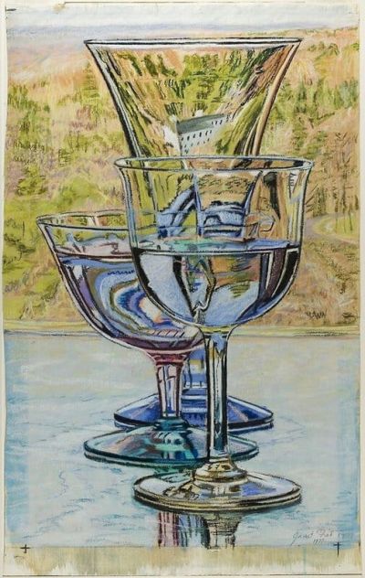 art oil painting reproduction of  Janet Fish Three Wine Glasses And House 1977 museum quality handmade
