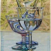 Janet Fish Three Wine Glasses And House 1977 Hand Painted Reproduction