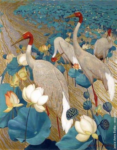 art oil painting reproduction of  Jessie Arms Botke Demoiselles Cranes And Lotus 1934 museum quality handmade