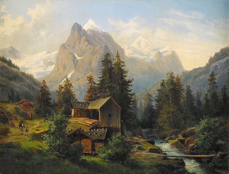Johan Edvard Bergh Mountain Landscape With Hikers And Mill Building museum quality