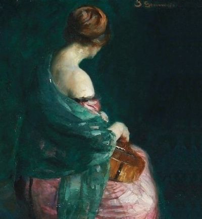 art oil painting reproduction of  Johannes Grenness Back Turned Woman With A Guitar museum quality handmade