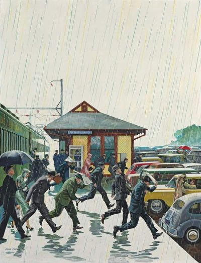 art oil painting reproduction of  John Philip Falter Commuters In The Rain 1961 museum quality handmade