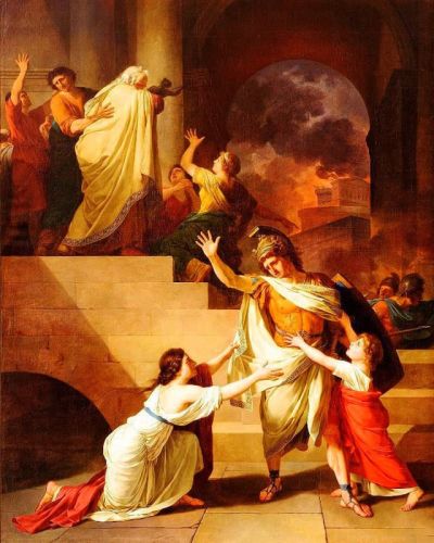 art oil painting reproduction of  Joseph Benoit.jpg Creusa Preventing Aeneas From Fighting Again During The Destruction Of Troy museum quality handmade