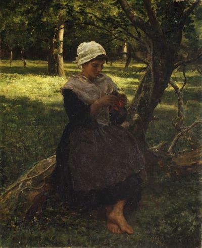 art oil painting reproduction of  Jules Breton A Peasant Girl Knitting museum quality handmade