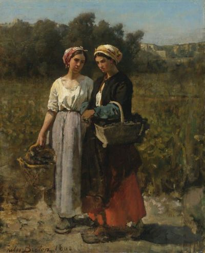 art oil painting reproduction of  Jules Breton Two Young Women Picking Grapes museum quality handmade