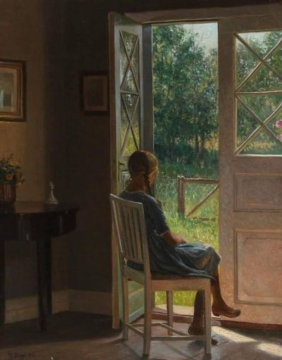 art oil painting reproduction of  Karl Harald Alfred Broge Interior With A Girl Looking Out Into The Garden 1920 museum quality handmade
