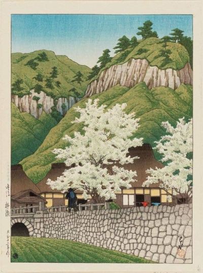 art oil painting reproduction of  Kawase Hasui Cherry Trees At Kakise Bungo Province 1923 museum quality handmade
