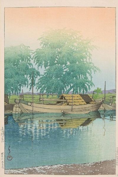 art oil painting reproduction of  Kawase Hasui Early Morning Scene With Moored Boats 1931 museum quality handmade