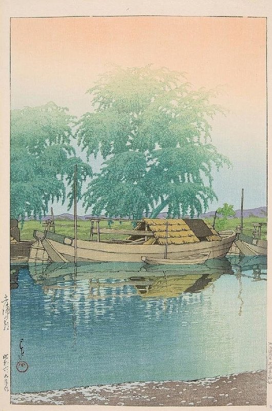 Kawase Hasui Early Morning Scene With Moored Boats 1931 museum quality