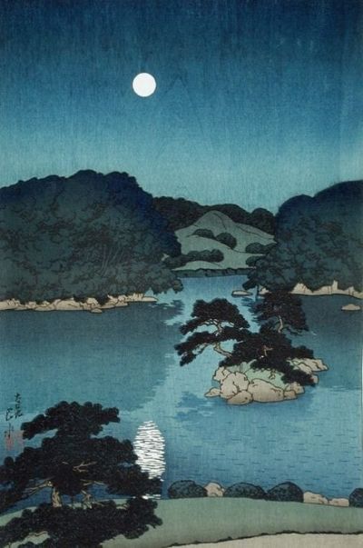 art oil painting reproduction of  Kawase Hasui Moonlit Night Daisensui Pond 1920 museum quality handmade