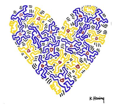 art oil painting reproduction of  Keith Haring Universal Love In Yellow And Blue museum quality handmade