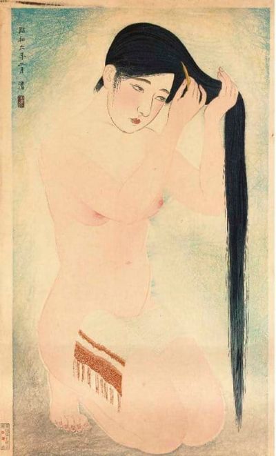 art oil painting reproduction of  Kobayakawa Kiyoshi Kurokami Glossy Dark Hair museum quality handmade