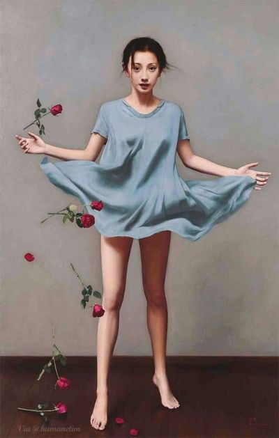art oil painting reproduction of  Li Guijun Young Woman With Roses museum quality handmade