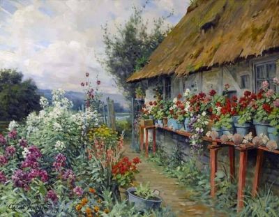art oil painting reproduction of  Louis Aston Knight Cottage Garden In Bloom Paris museum quality handmade