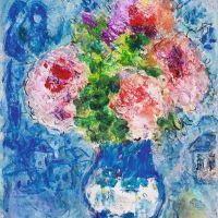 Marc Chagall Bouquet Rose Sur Fond Bleu 1956-70