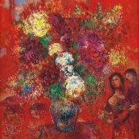 Marc Chagall Le Bouquet Au Fond Rouge 1965