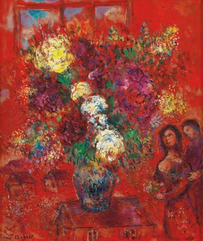 art oil painting reproduction of  Marc Chagall Le Bouquet Au Fond Rouge 1965 museum quality handmade