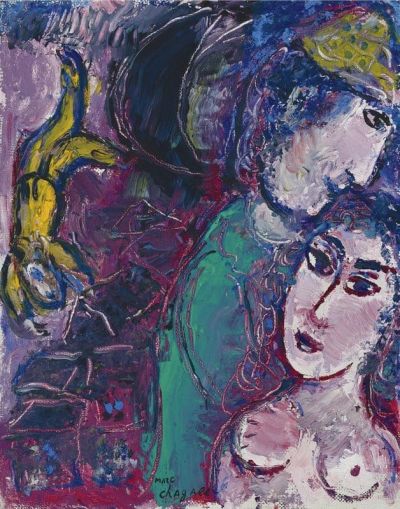 art oil painting reproduction of  Marc Chagall Les Amoureux Sur Fond Mauve C. 1965-70 museum quality handmade