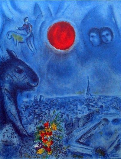 art oil painting reproduction of  Marc Chagall Red Sun Over Paris C.1977 museum quality handmade