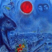 Marc Chagall Red Sun Over Paris C.1977 Hand Painted Reproduction