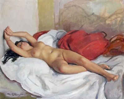 art oil painting reproduction of  Maurice Ehlinger Nu A L Edredon Rouge museum quality handmade
