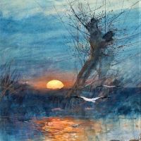 Maurice Hagemans Sunset Over The Pond With Storks