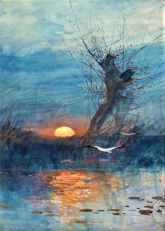Maurice Hagemans Sunset Over The Pond With Storks museum quality