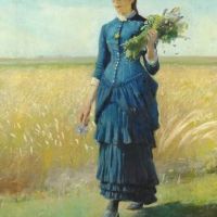 Michael Ancher A Young Girl In A Blue Dress On A Field Holding Wild Flowers In Her Hand