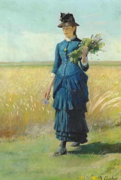 art oil painting reproduction of  Michael Ancher A Young Girl In A Blue Dress On A Field Holding Wild Flowers In Her Hand museum quality handmade