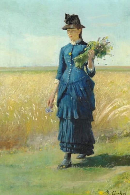 Michael Ancher A Young Girl In A Blue Dress On A Field Holding Wild Flowers In Her Hand museum quality