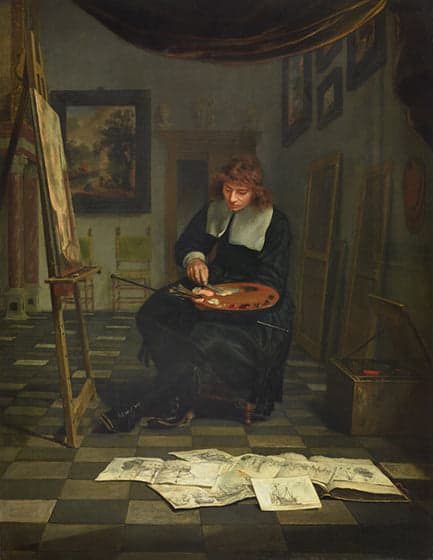Michiel Van Musscher An Artist In His Studio With His Drawings Mid-1660s museum quality